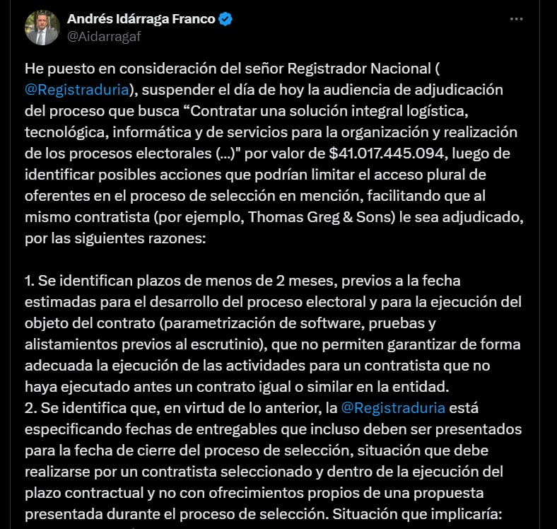 Pronunciamiento de Andrés Idárraga y su solicitud a la Registraduría - crédito @Aidarragaf/X