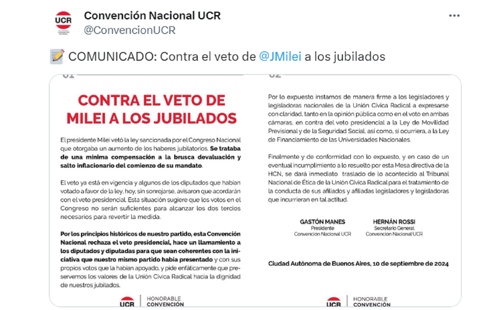 Comunicado de la Convención Nacional de la UCR