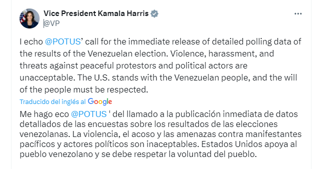 Kamala Harris pidió la publicación de las actas de votación en Venezuela y condenó la represión del régimen contra la oposición