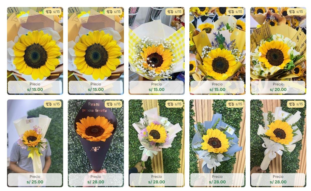 Captura de Mercado de Flores con precios de girasoles en Perú