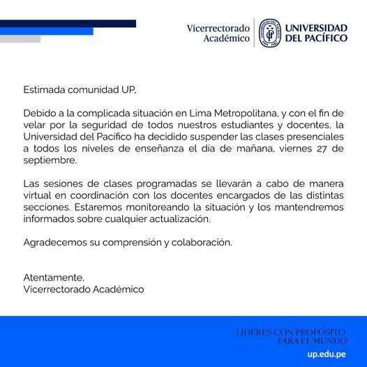 Comunicado de la Universidad del Pacífico.