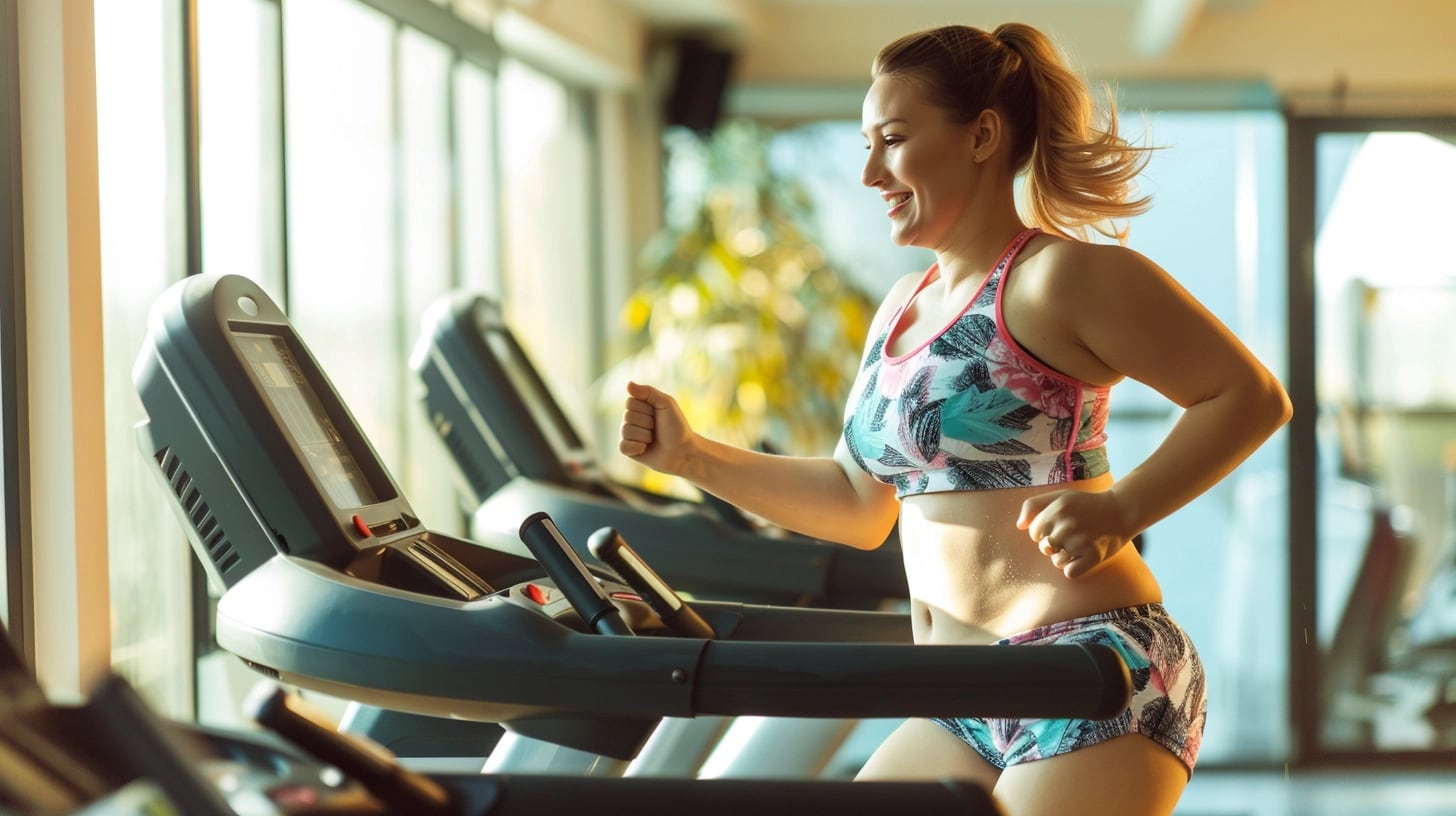 Una mujer con sobrepeso disfruta de una sesión de ejercicio en el gimnasio, corriendo felizmente en una cinta de correr. La imagen muestra a una mujer corriendo con una sonrisa en su rostro, demostrando que el ejercicio puede ser una parte agradable y saludable de la vida, incluso para aquellos que luchan con el sobrepeso. La obesidad es un problema de salud que puede ser abordado con cambios en la dieta y el ejercicio regular. (Imagen ilustrativa Infobae)