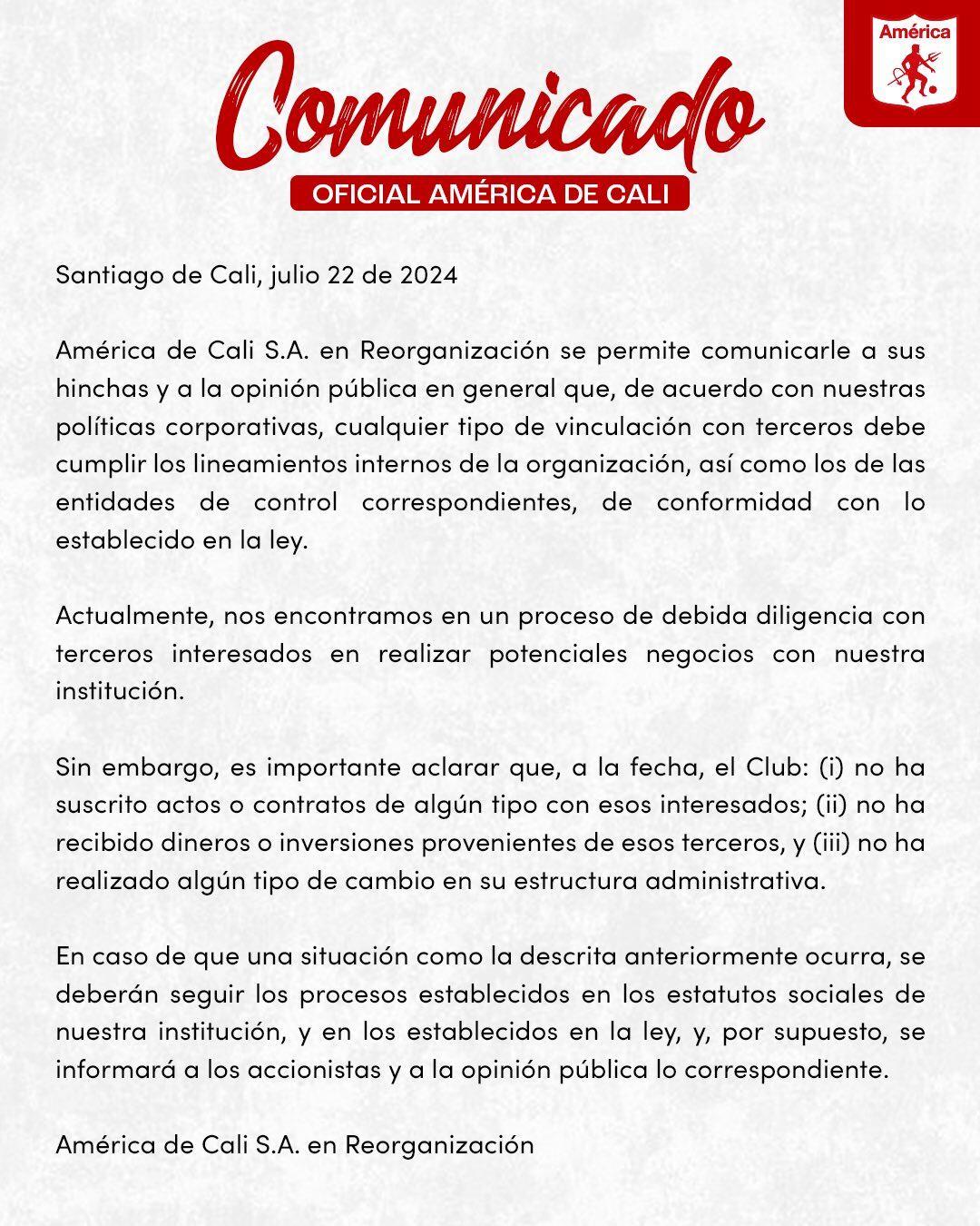 América de Cali se refirió a la alianza con Grupo Caltac - crédito América de Cali