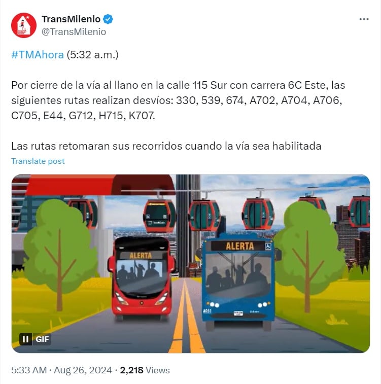 Rutas que operan en la zona están tomando desvíos por el cierre de la vía al llano - crédito @TransMilenio/X