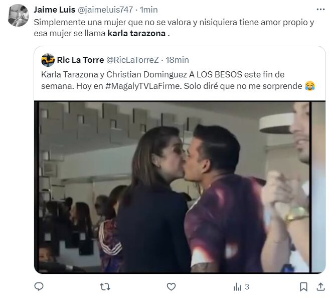 Usuarios reaccionan al beso de Karla Tarazona y Christian Domínguez. (X)