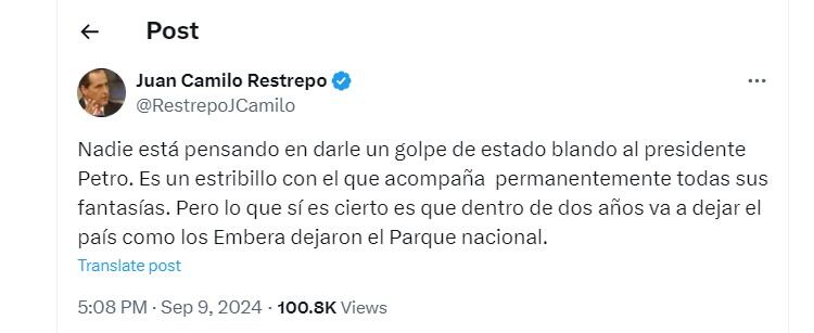 Juan Camilo Restrepo se fue en contra del presidente Gustavo Petro por hablar de un golpe de estado - crédito @RestrepoJCamilo