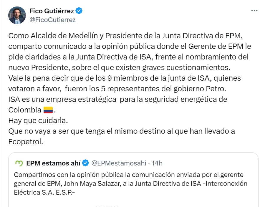 El alcalde de Medellín, Federico Gutiérrez, aseguró que ISA debe aclarar las razones por las que escogieron a Carrillo como presidente - crédito red social X