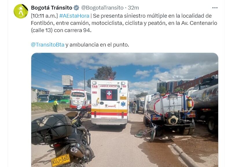 Bogotá Tránsito informó de un accidente en la localidad de Fontibón - crédito @BogotaTransito