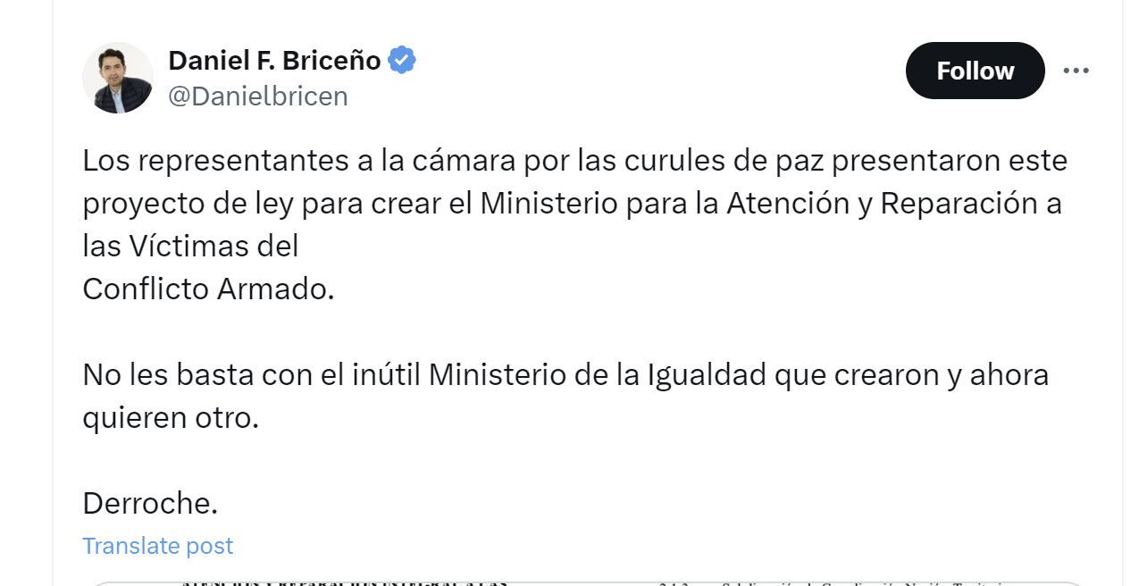 Daniel Briceño criticó proyecto de ley que busca la creación de un nuevo ministerio - crédito @Danielbricen/X