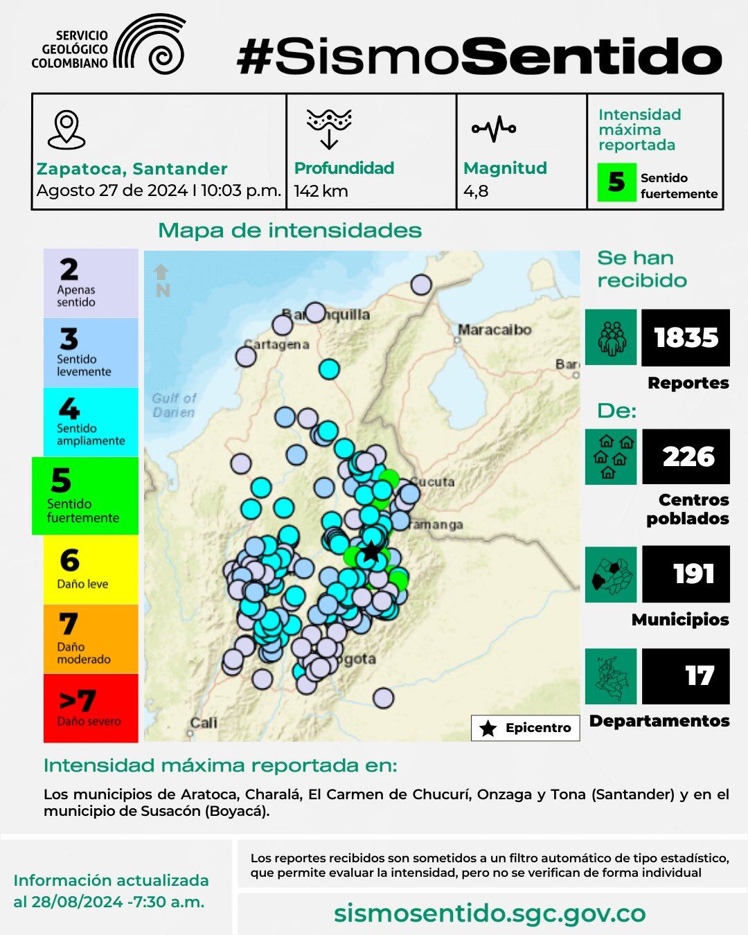 Estos fueron los puntos donde se presentó mayor intensidad con el sismo 
 del 27 de agosto de 2024 - crédito @sgcol / X