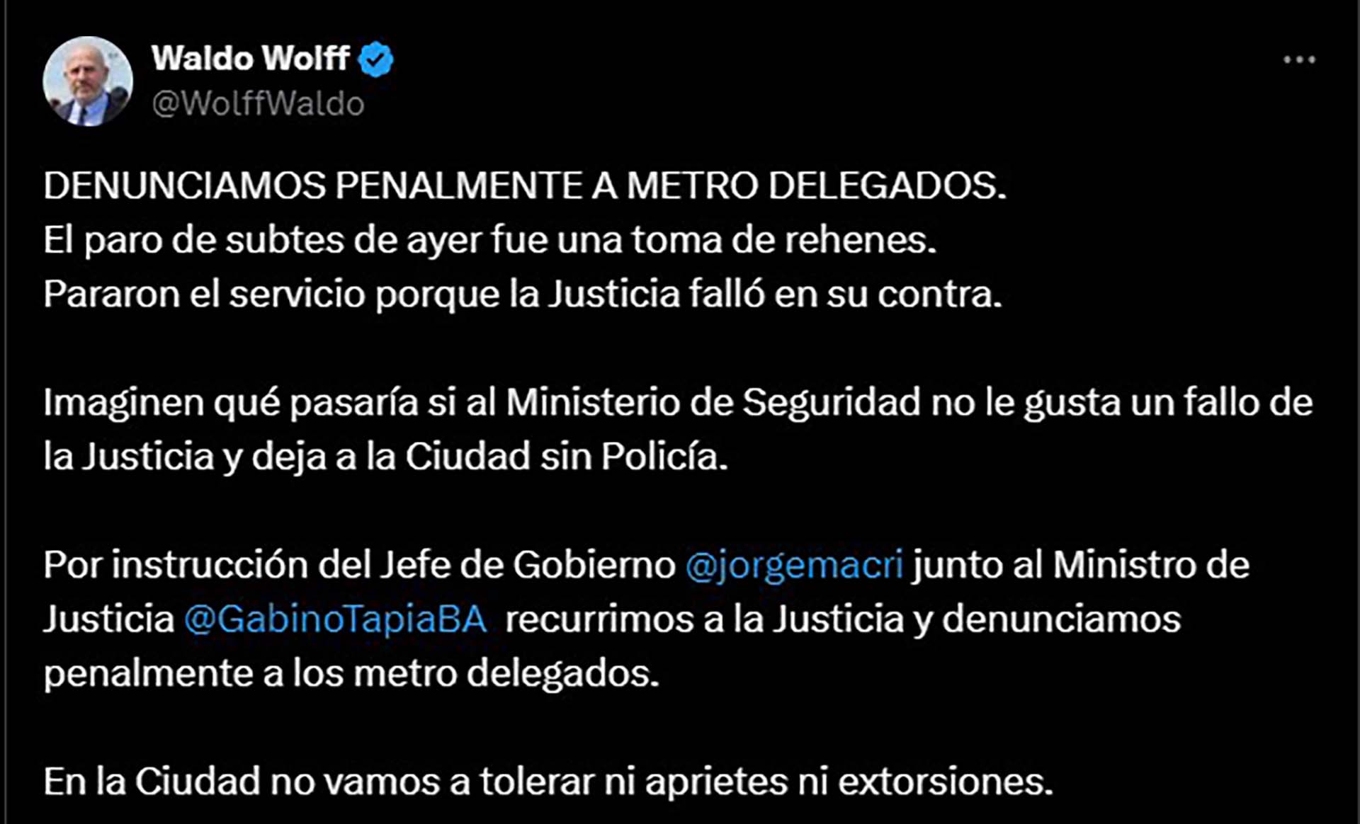 El Gobierno de la Ciudad denunció penalmente a los Metrodelegados por el paro de subtes