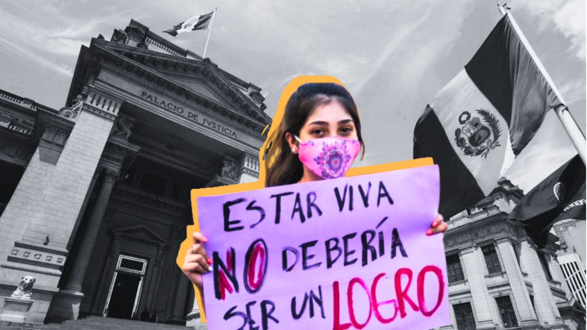 Cartel en contra del feminicidio y la fachada del Poder Judicial.