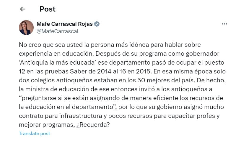 María Fernanda Carrascal estalla en contra de Sergio Fajardo por criticar a ministro de Petro - crédito @MafeCarrascal