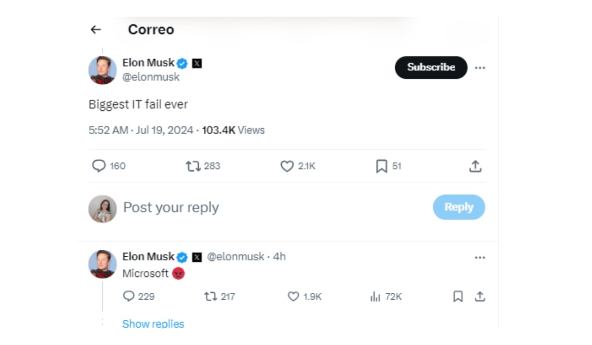 Musk reacciona a la falla mundial de Microsoft. (X: Elon Musk)