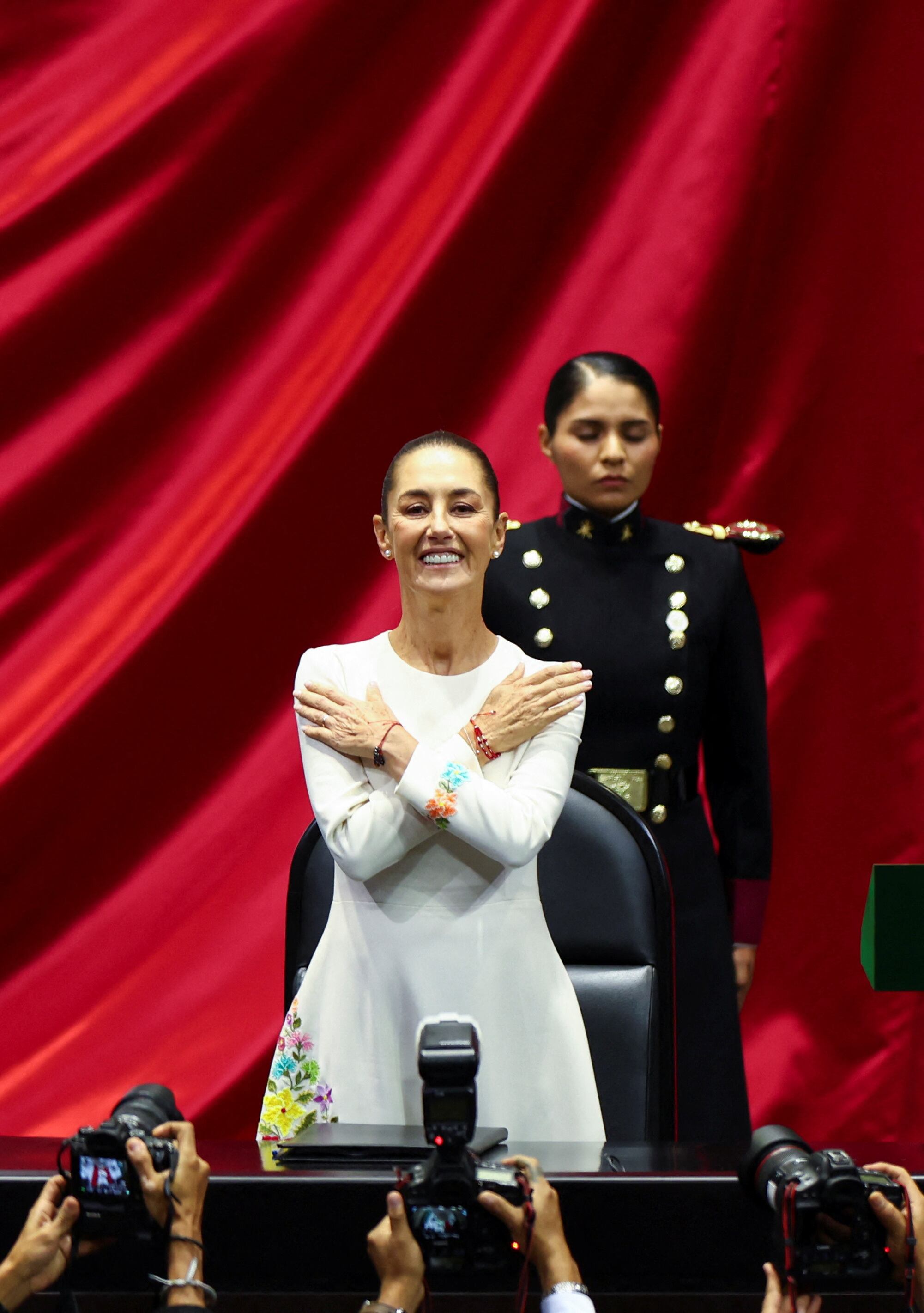 Mexico's President-elect Claudia Sheinbaum gestures during her swearing-in ceremony at Congress, in Mexico City, Mexico, October 1, 2024. REUTERS/Raquel Cunha