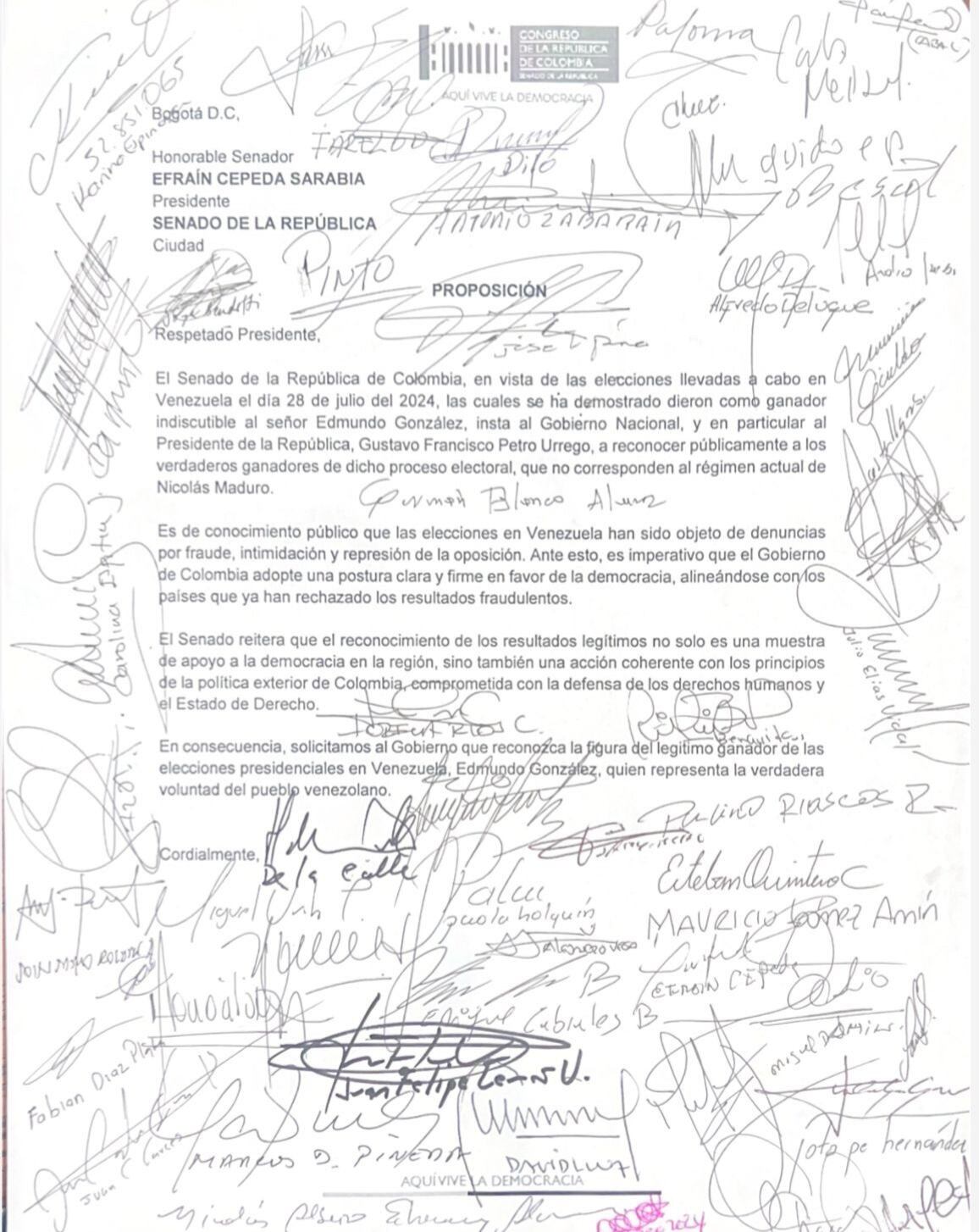 Carta del senado en respaldo a Edmundo González como presidente de Venezuela