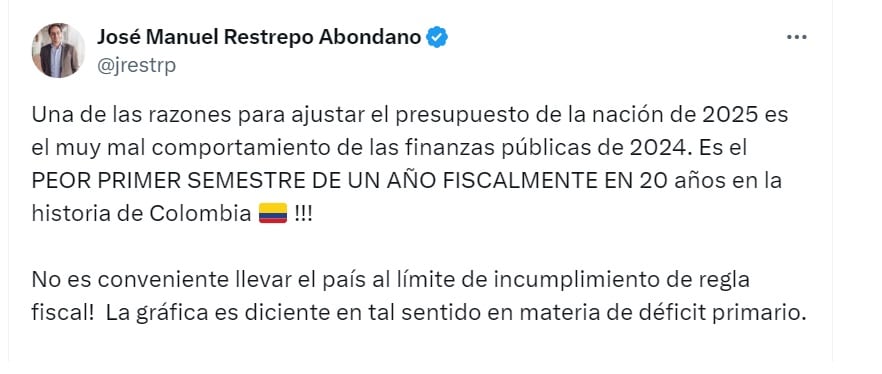 José Manuel Restrepo, exministro de Hacienda, alertó que la Dian tuvo el peor desempeño en 20 años en cuanto a recaudo tributario - crédito @Jrestrep/X