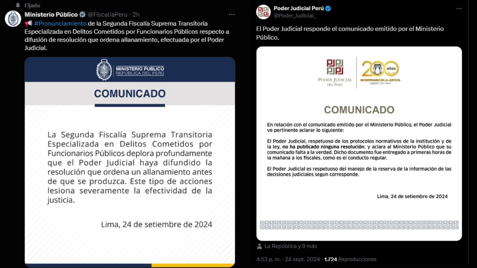 Comunicados del Ministerio Público y del Poder Judicial