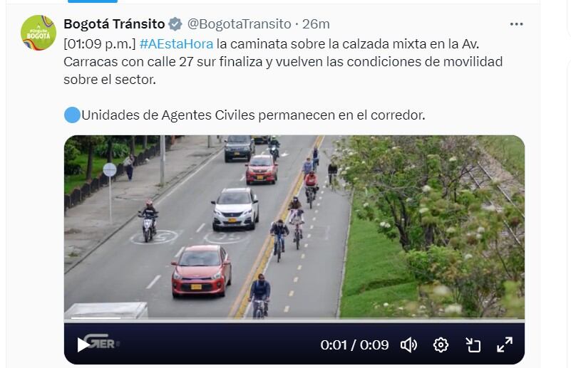 Bogotá Tránsito informa de la recuperación de movilidad en la avenida Caracas - crédito @BogotaTransito