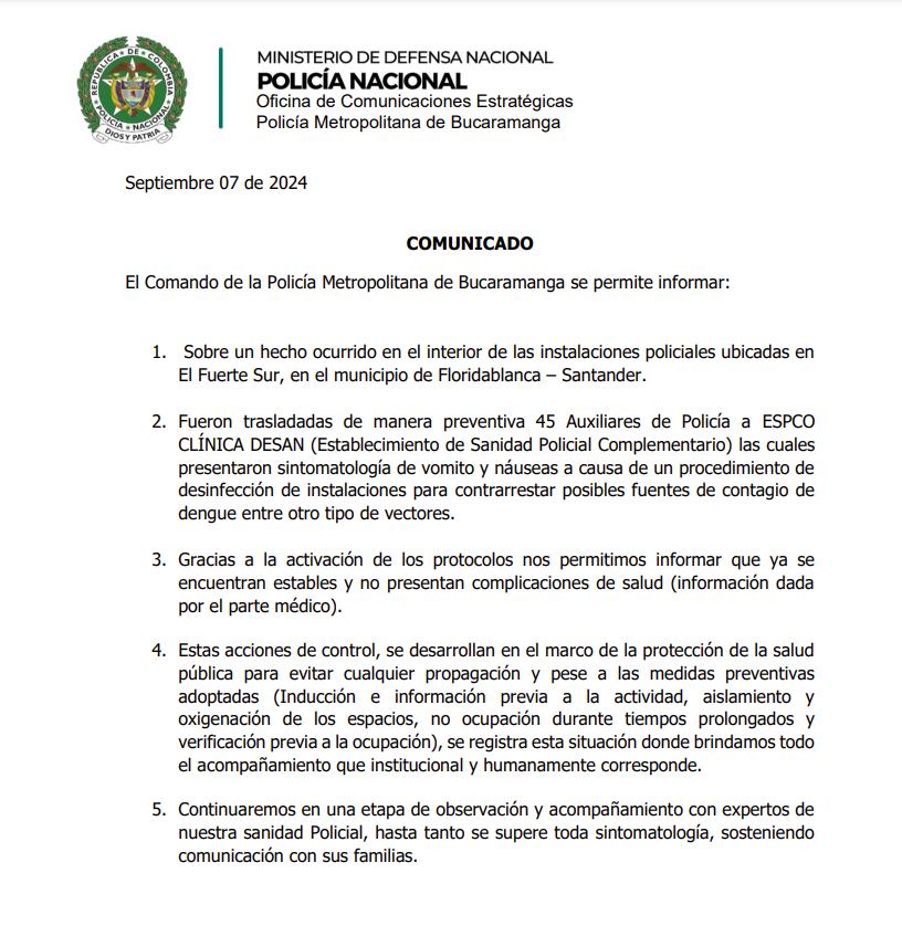 Los 45 auxiliares seguirán bajo observación médica hasta que se elimine por completo cualquier síntoma - crédito Policía de Bucaramanga