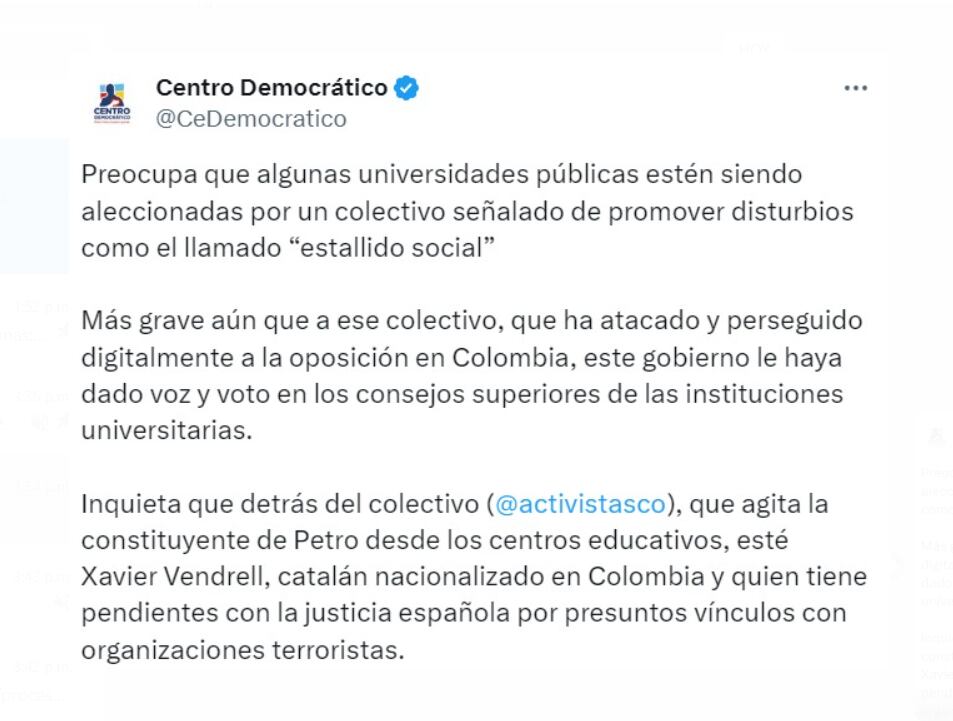 El Centro Democrático mostró su preocupación por los nombramientos en el sector educativo por el presidente, que son integrantes de un colectivo - crédito @CeDemocratico / X