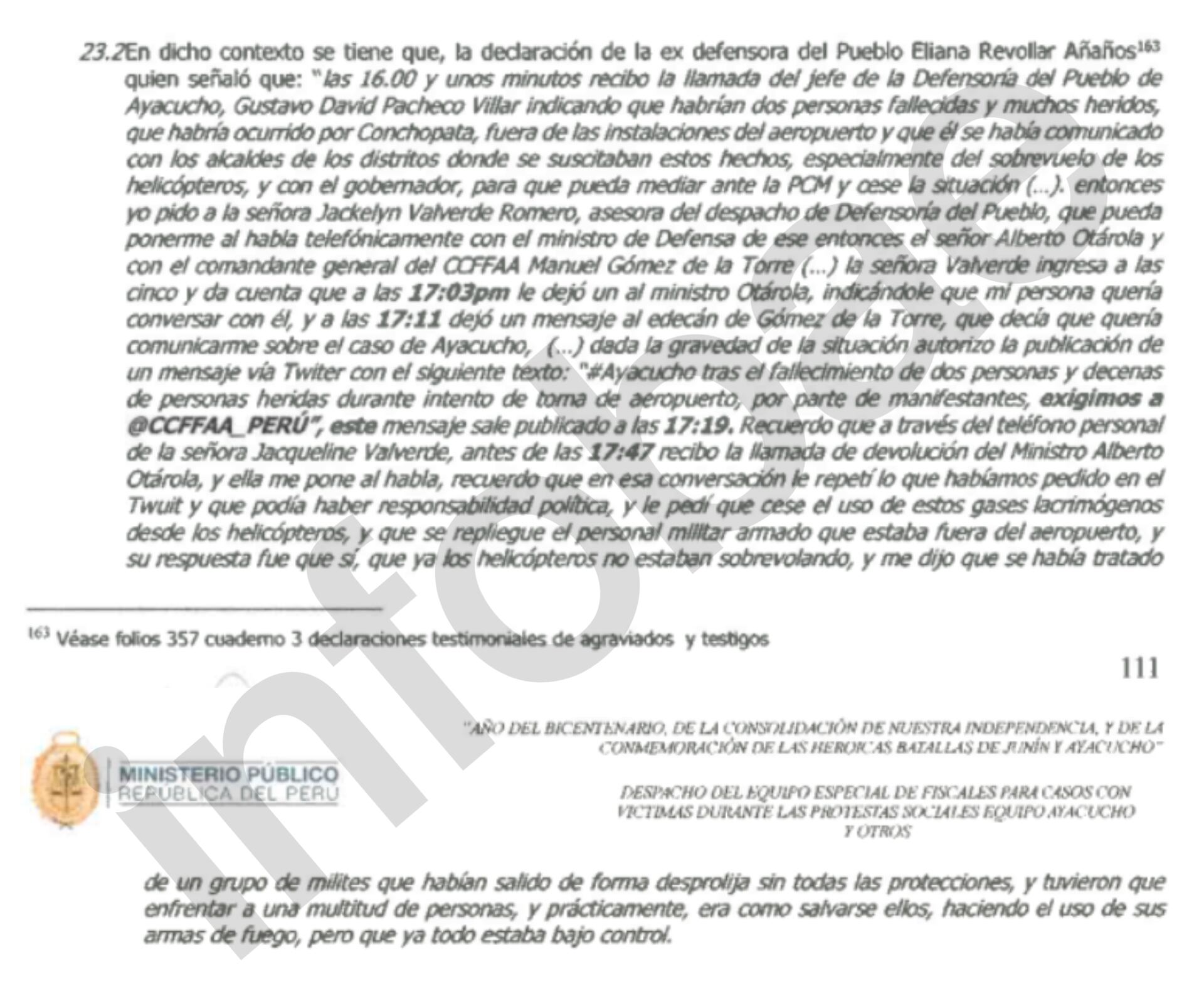 Para formalización de denuncia contra Manuel Gómez la Torre, fiscalía rescató declaraciones de Eliana Revollar, en las que detalla cómo Alberto Otárola justificó asesinato de civiles en Ayacucho. Infobae Perú.