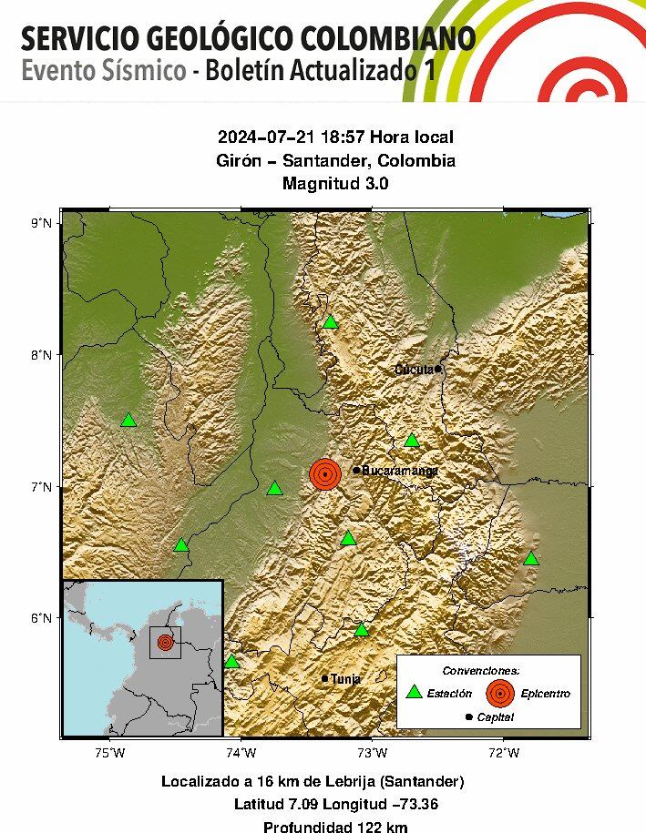 Temblor, con epicentro en Girón (Santander), se registró en la noche del domingo 21 de julio. (Crédito: @sgcol / X)