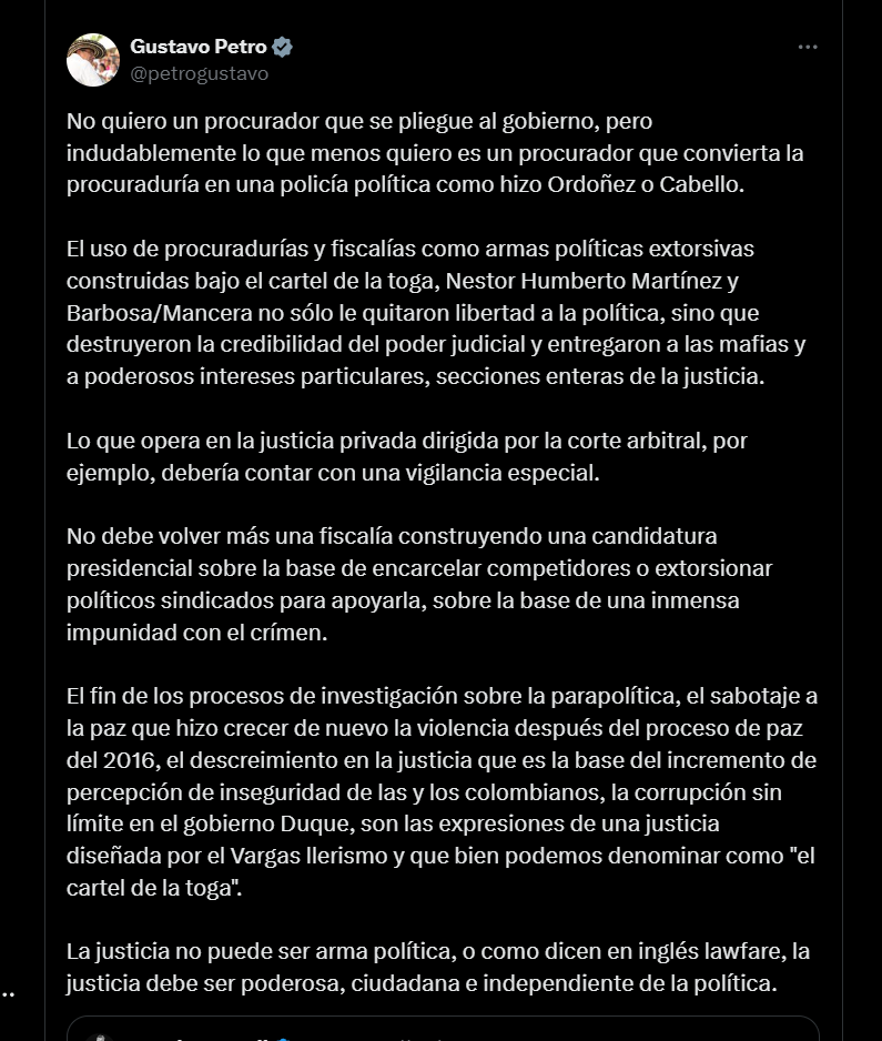 Gustavo Petro aseguró que la llegada de Eljach a la Procuraduría garantizaría la imparcialidad de la entidad - crédito red social X