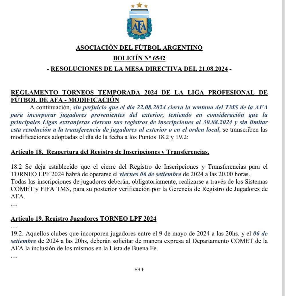 Comunicado AFA postergación cierre libro de pases