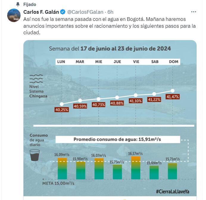 Galán anuncia cambios en el racionamiento de agua en Bogotá - crédito @CarlosFGalán