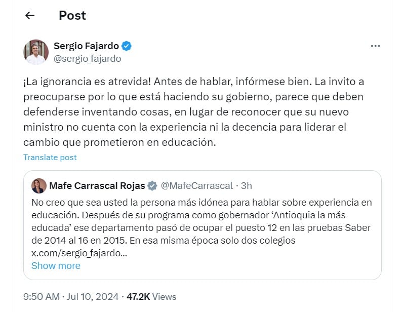 Sergio Fajardo respondió de regreso a María Fernanda Carrascal - crédito @sergio_fajardo