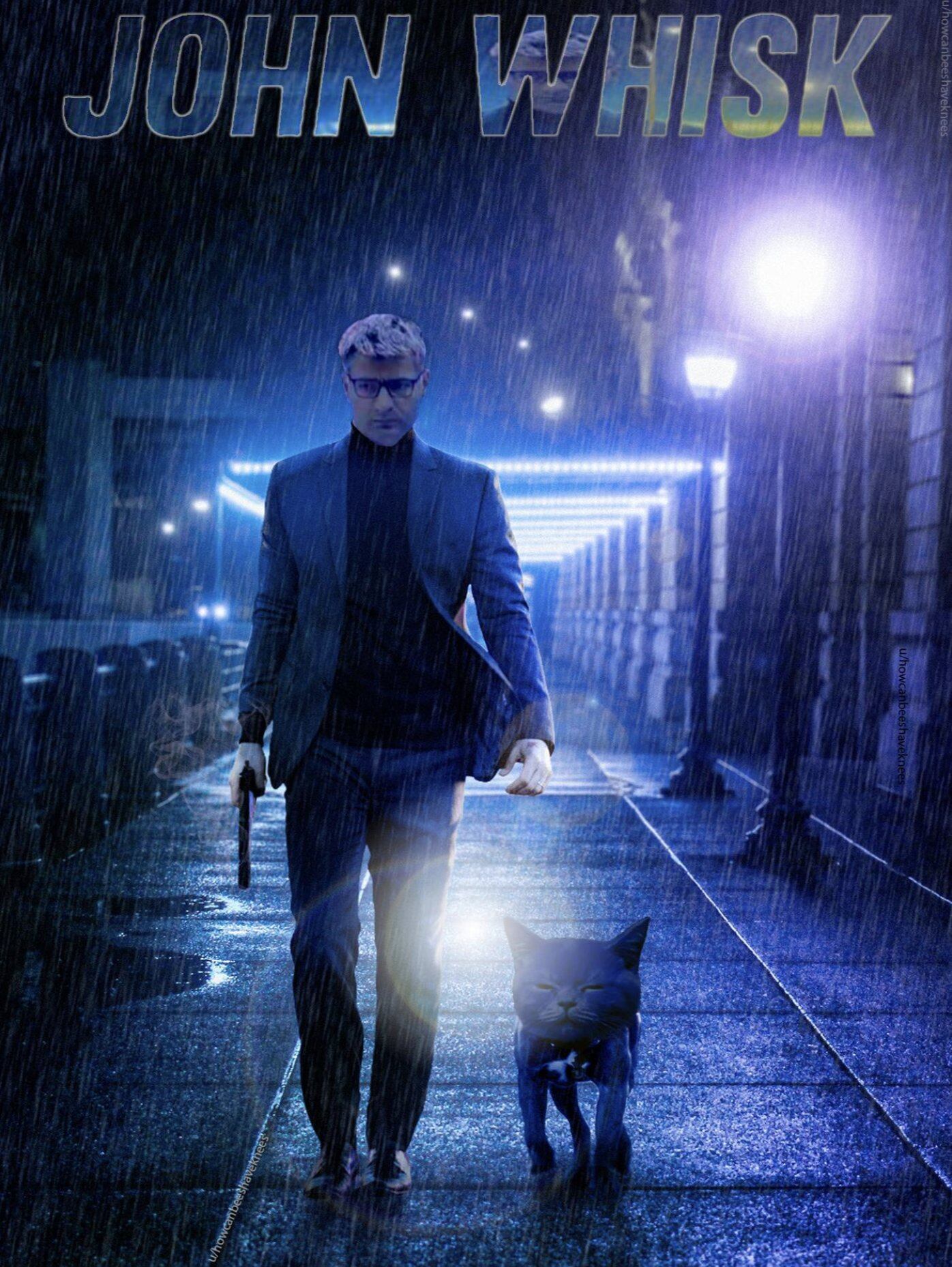 Yusuf Dukeç con un gato como si fuera la portada de la película de John Wick