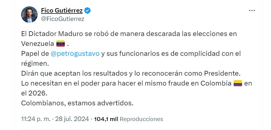 Federico Gutiérrez critica resultados electorales en Venezuela - crédito @FicoGutierrez/X