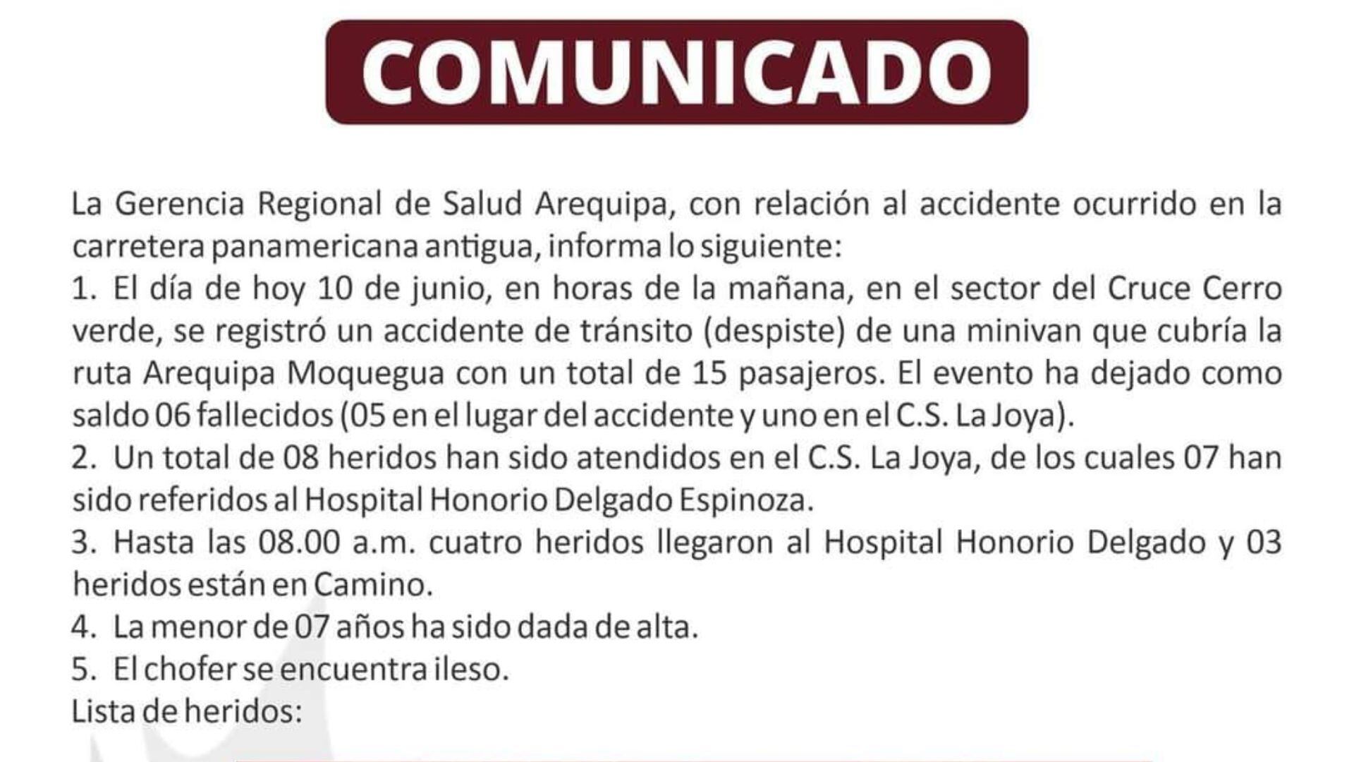 La Gerencia Regional de Salud de Arequipa emitió un comunicado oficial para informar sobre el trágico accidente.