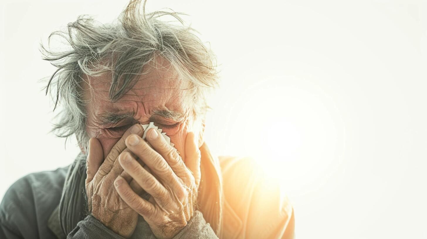 Hombre de edad avanzada utilizando un pañuelo mientras estornuda, mostrando signos de un posible resfrío o gripe. La imagen destaca la vulnerabilidad de los adultos mayores a enfermedades comunes y la importancia de medidas preventivas para proteger su salud. (Imagen ilustrativa Infobae)