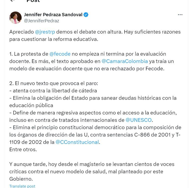 Jennifer Pedraza respondió al exministro de Hacienda José Manuel Restrepo - crédito @JenniferPedraz