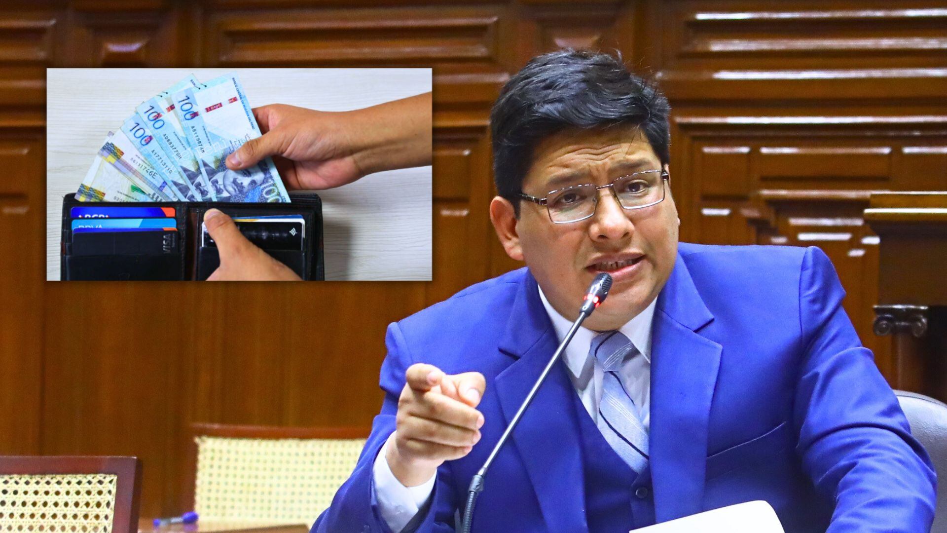 Foto de Ilich Lopez en el Congreso y mano con billetes de 100 soles en billetera