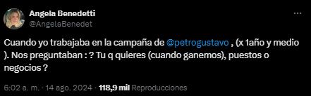 Según Ángela Benedetti, la campaña de Gustavo Petro le propuso “beneficios” cuando ganaran las elecciones presidenciales - crédito @AngelaBenedet/X