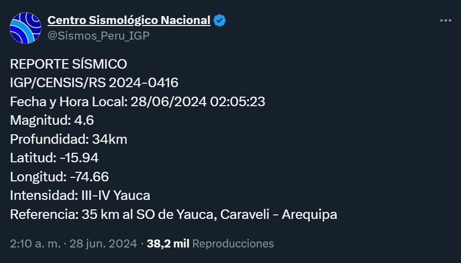 Reporte del Instituto Geofísico del Perú sobre las réplicas tras el fuerte sismo en Arequipa