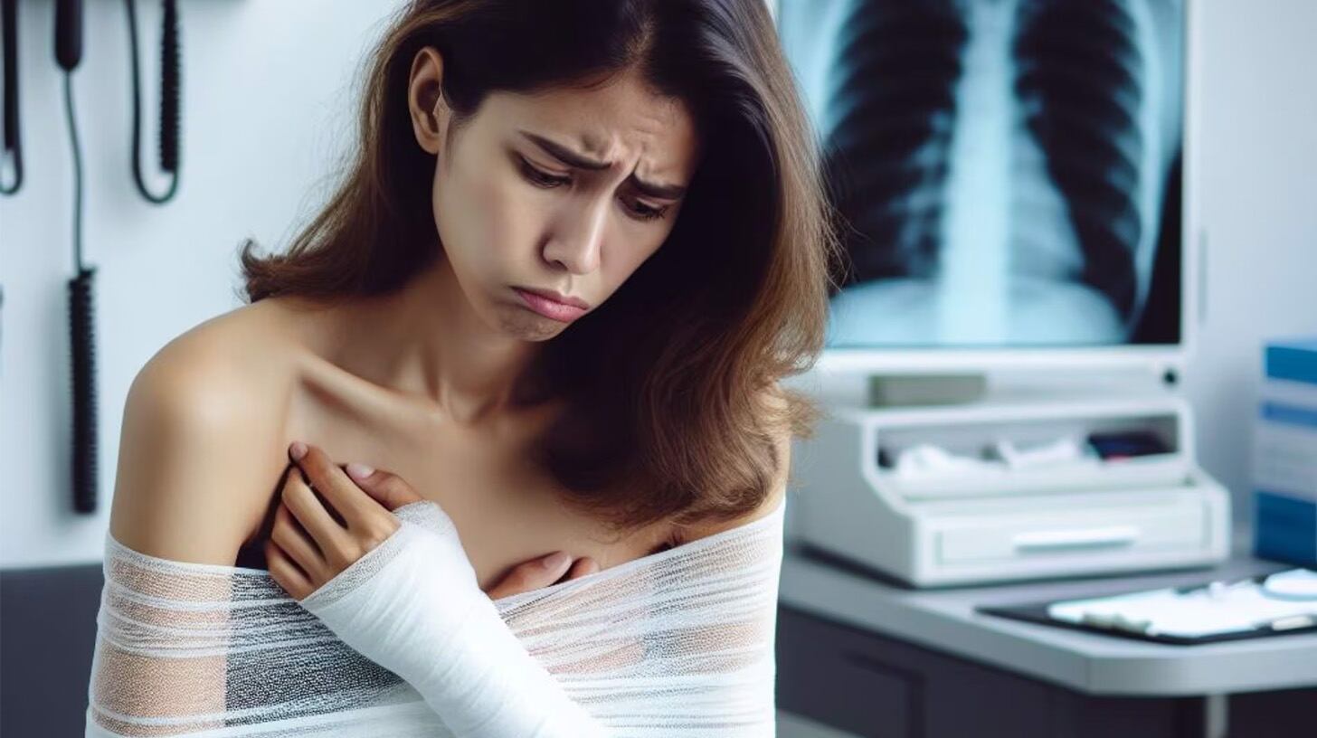 Una mujer vendada del pecho acudiendo a una consulta médica por una fractura de costillas - (Imagen ilustrativa Infobae)