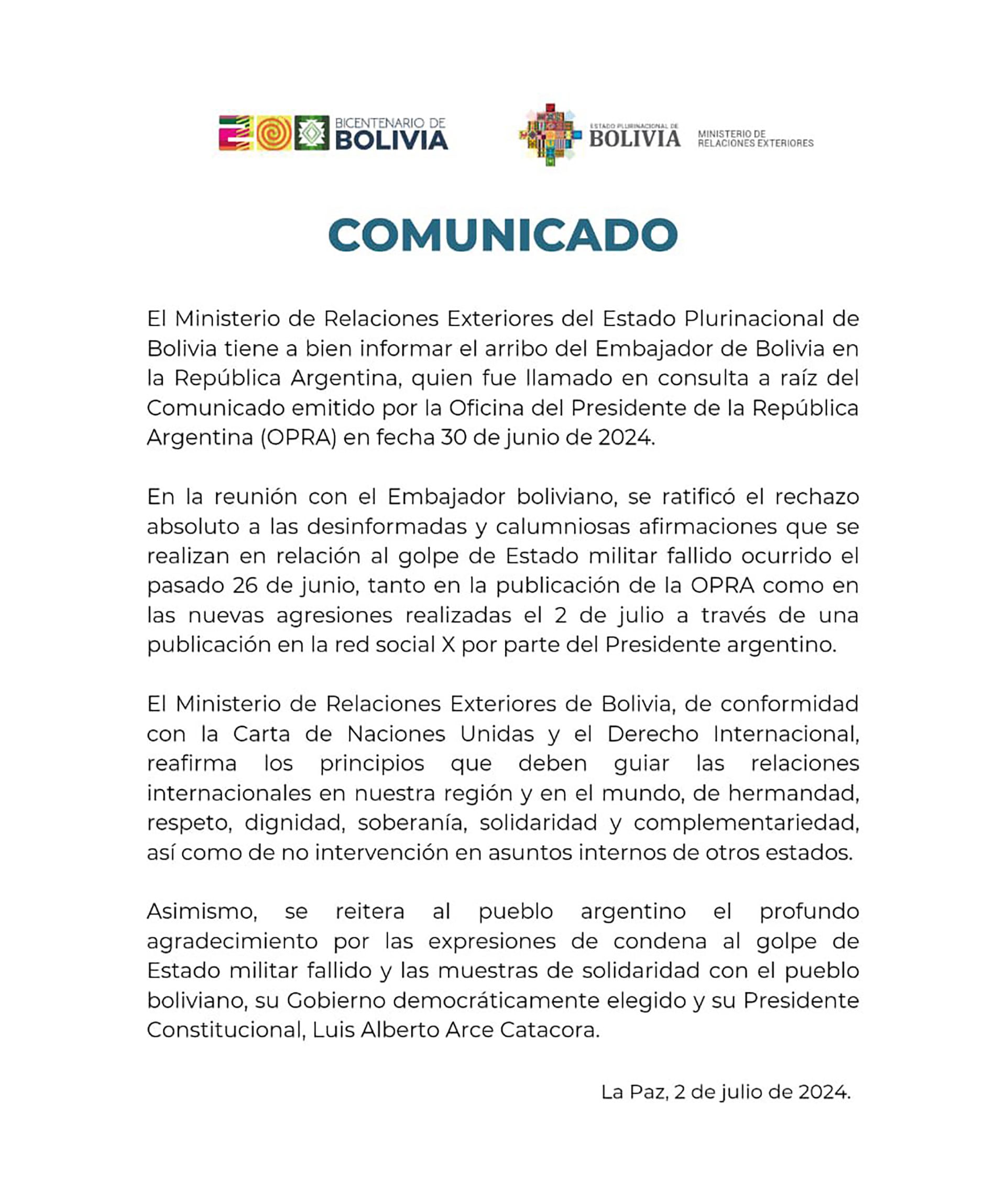 Comunicado de la Cancillería de Bolivia