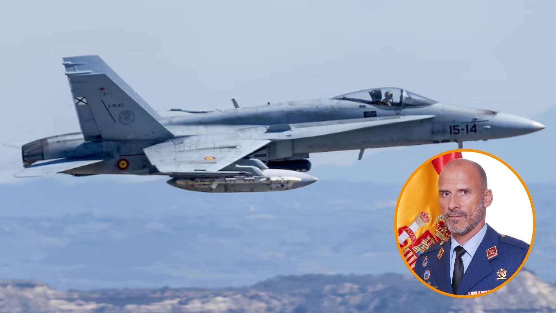 Diseño de Infobae del teniente coronel Pablo Estrada Martín y un caza F-18