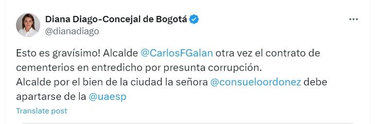 La concejal del Centro Democrático solicitó la renuncia de Consuelo Ordóñez como directora de la Uaesp - crédito @dianadiago/X