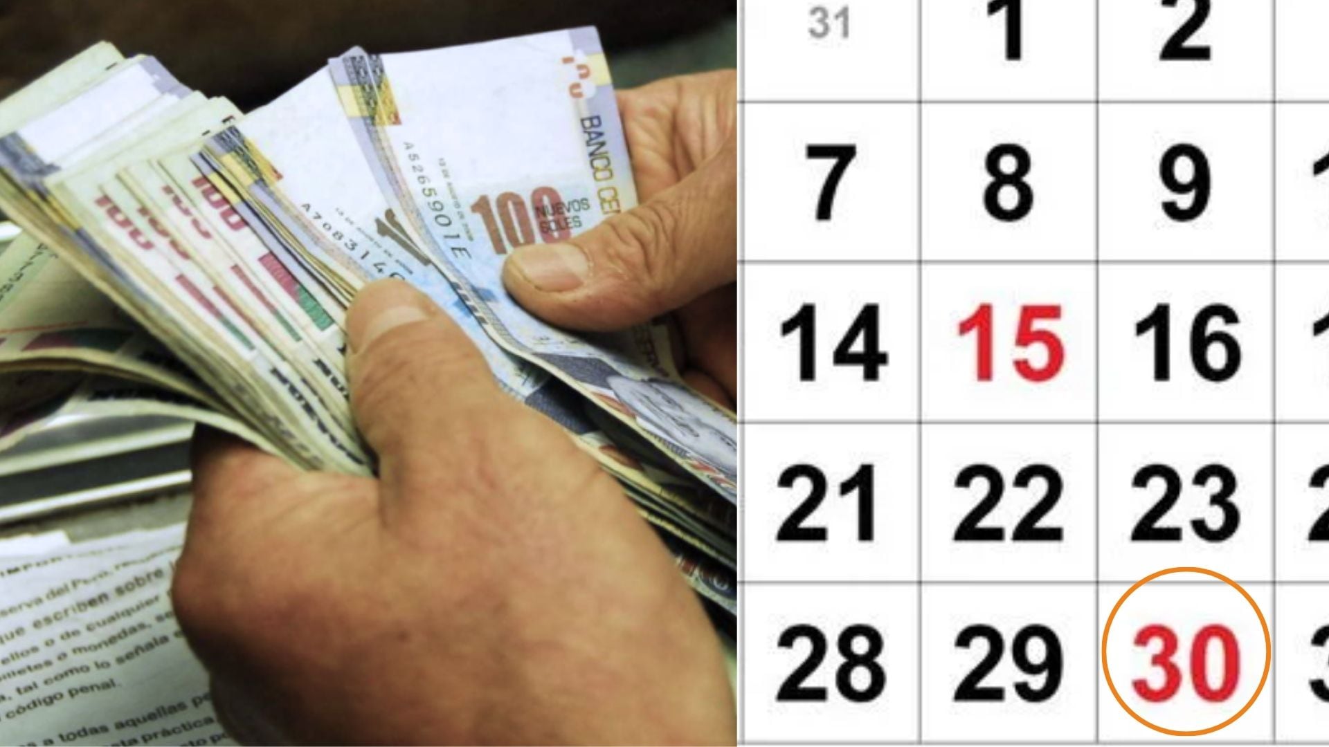 Una persona contando dinero y a lado derecho, un calendario de agosto marcando el día 30 como feriado.