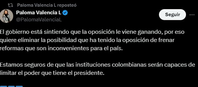 La senadora de la República, Paloma Valencia, se pronunció ante el 'fast track' propuesto por el mandatario para impulsar los acuerdos de La Habana - crédito @PalomaValenciaL/X