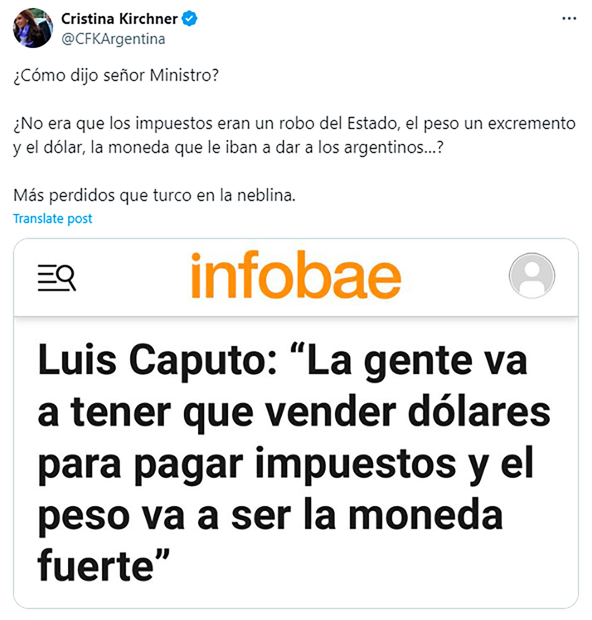 CFK le respondió a Caputo