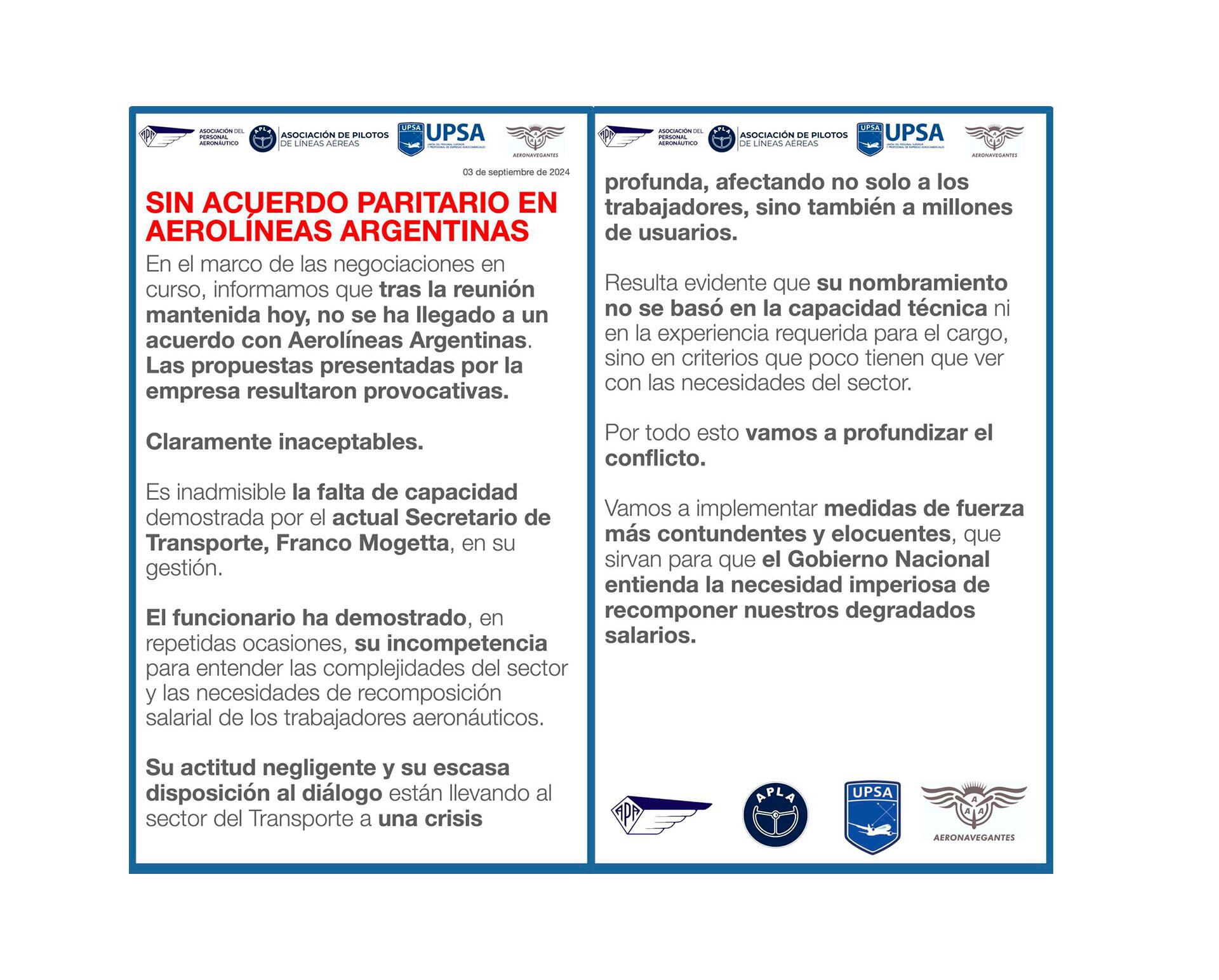 Anuncios medidas de fuerza Aeroparque