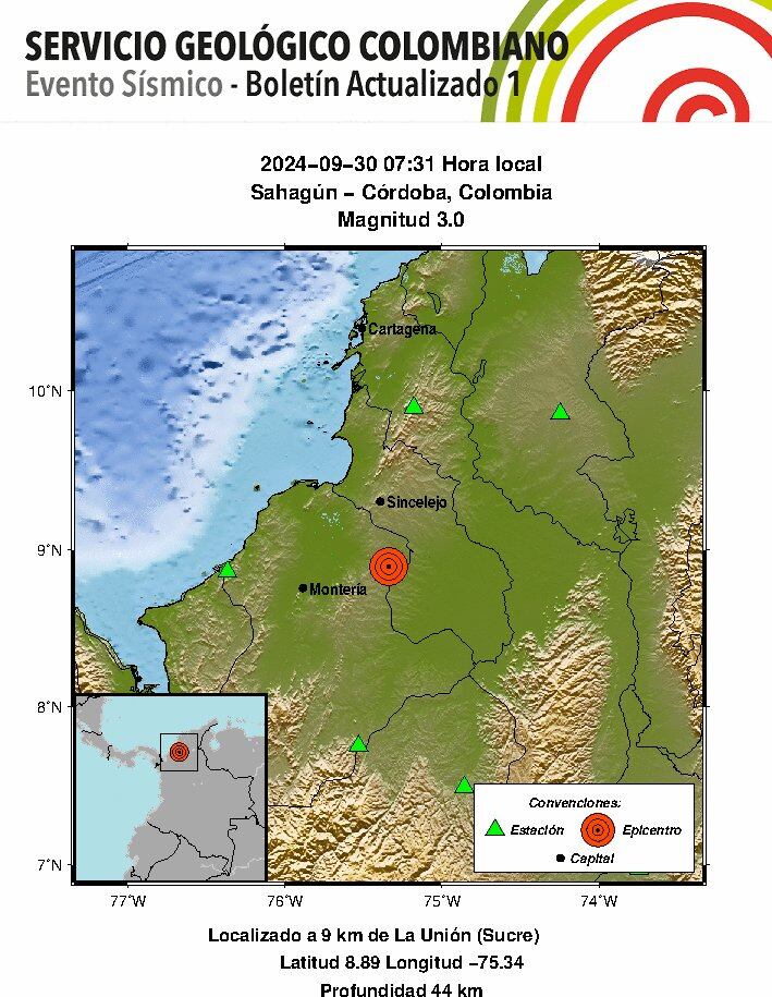 En Córdoba se presentó un temblor con magnitud de 3,0 - crédito SGC