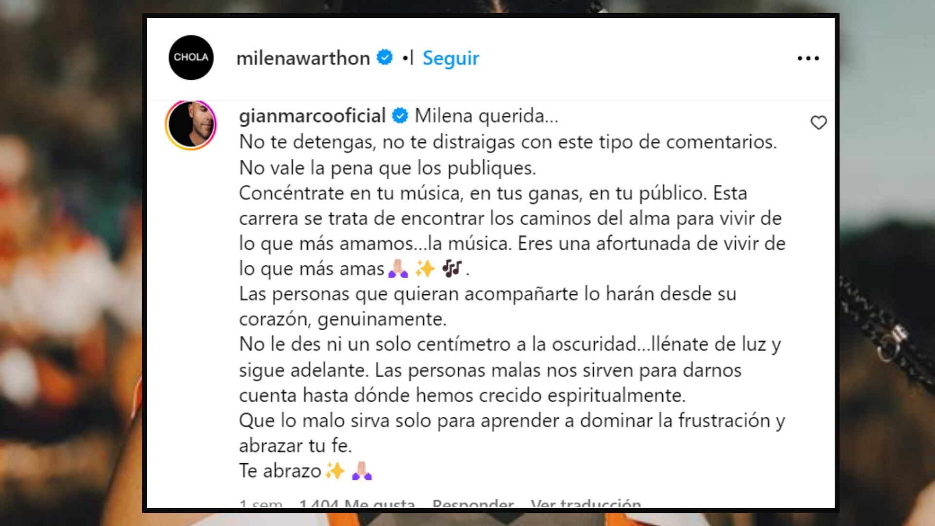 Gian Marco aconseja a Milena Warthon a no hacer caso a las críticas.