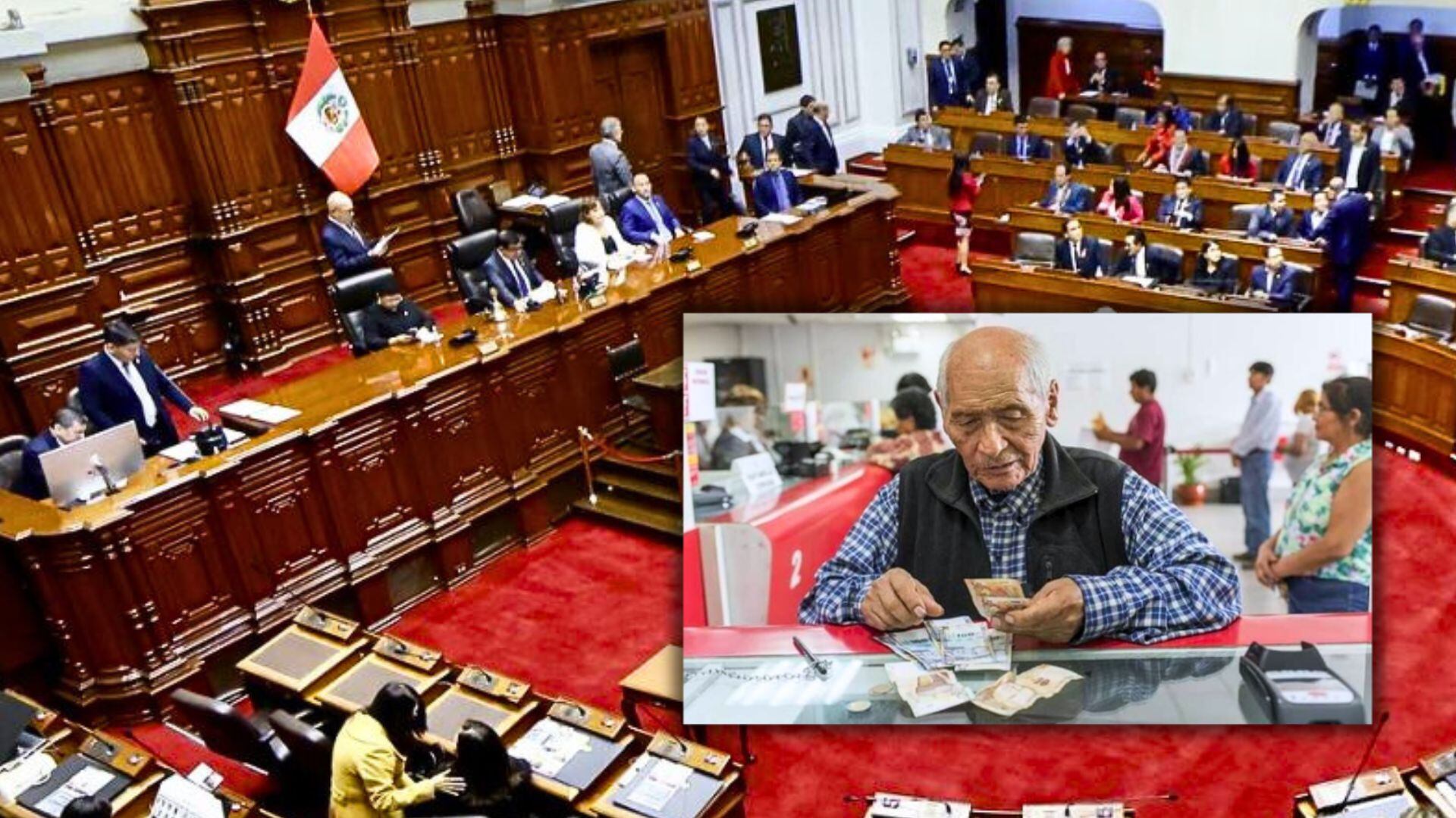 foto del pleno del Congreso y foto de adulto mayor con monto de dinero de billetes de soles